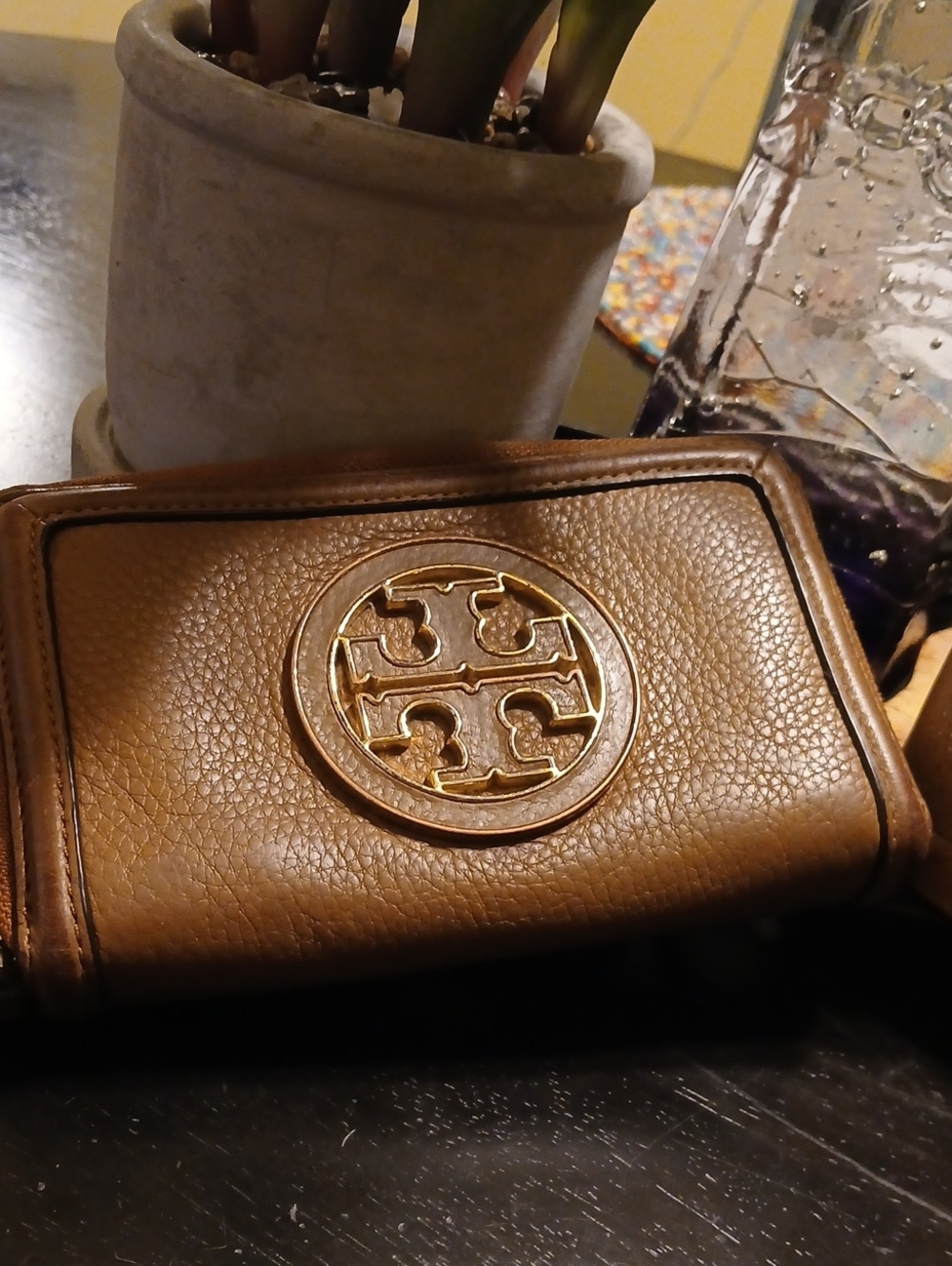 Tory Burch Tan Pebbled Leather Zip-Around Wallet with Logo Medallion